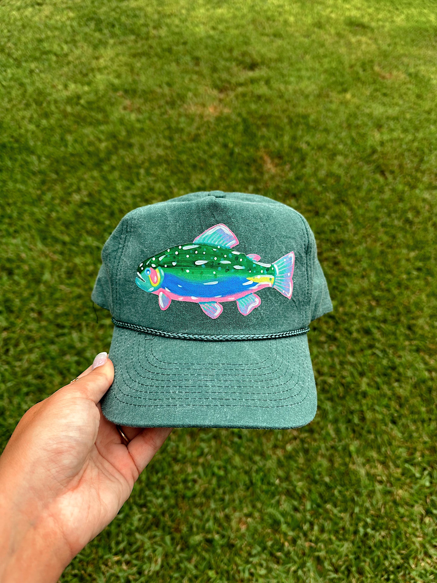 Fish Tales Sage Denim Trucker Hat