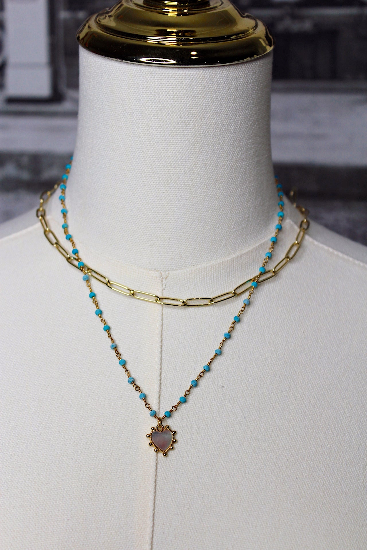 Turquoise Rosary + Heart Necklace