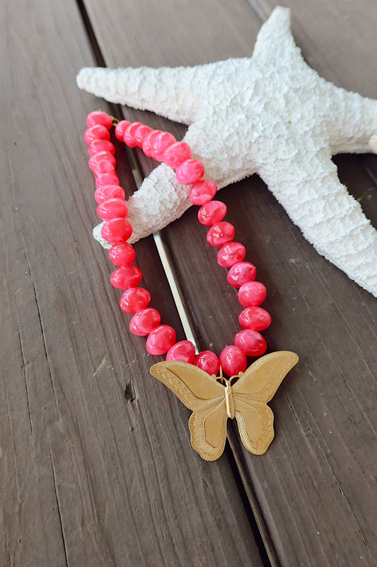 Posie Pink Butterfly Chunky Necklace