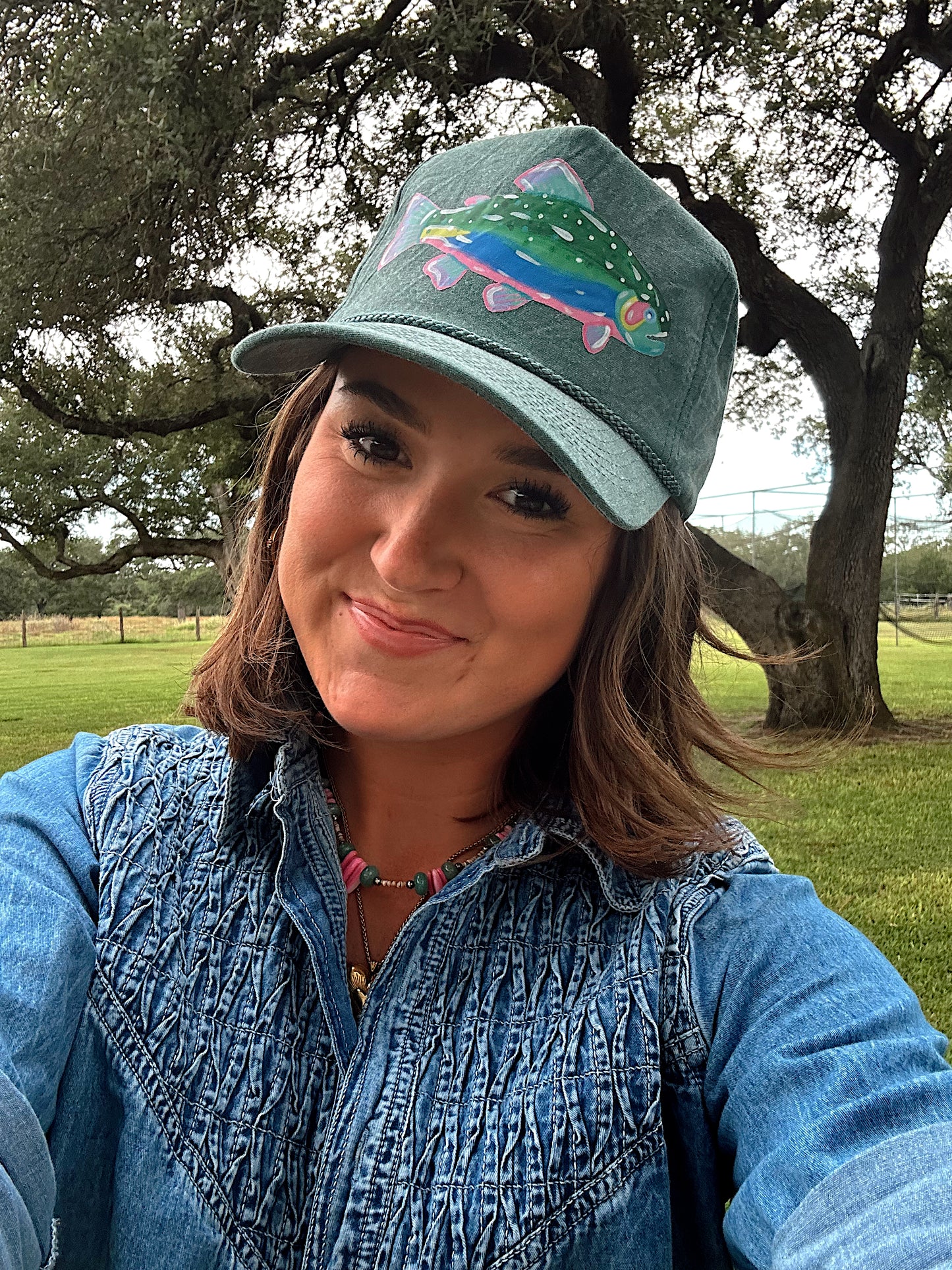 Fish Tales Sage Denim Trucker Hat