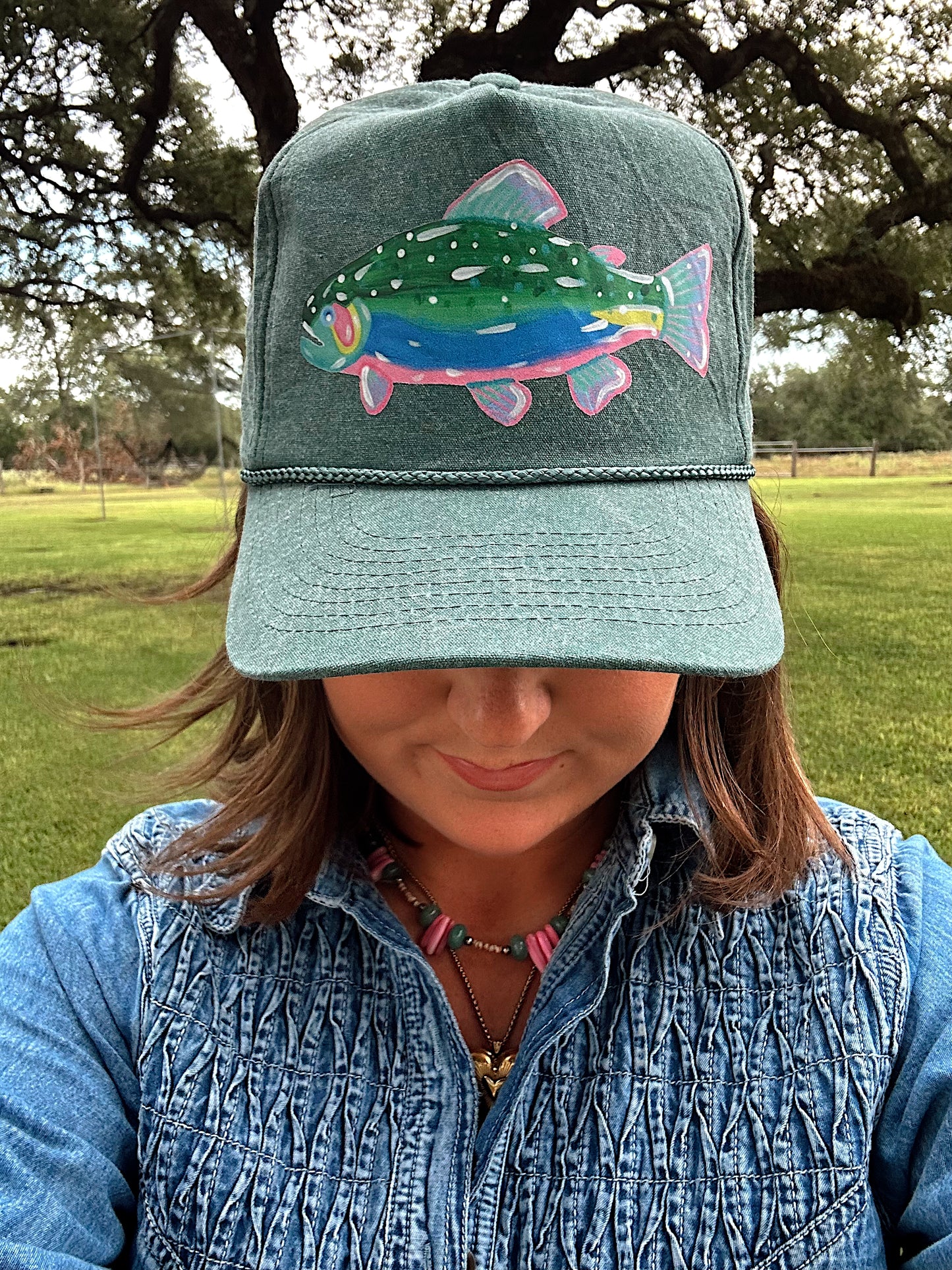 Fish Tales Sage Denim Trucker Hat